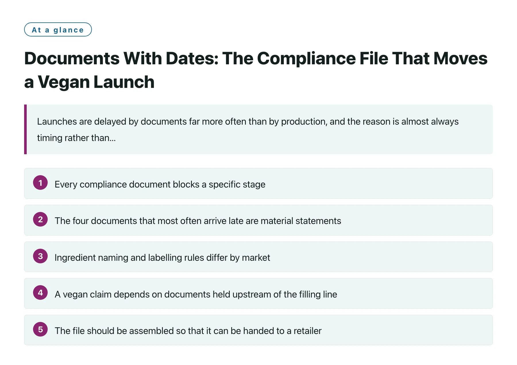 Documents With Dates: The Compliance File That Moves a Vegan Launch——全文要点速览